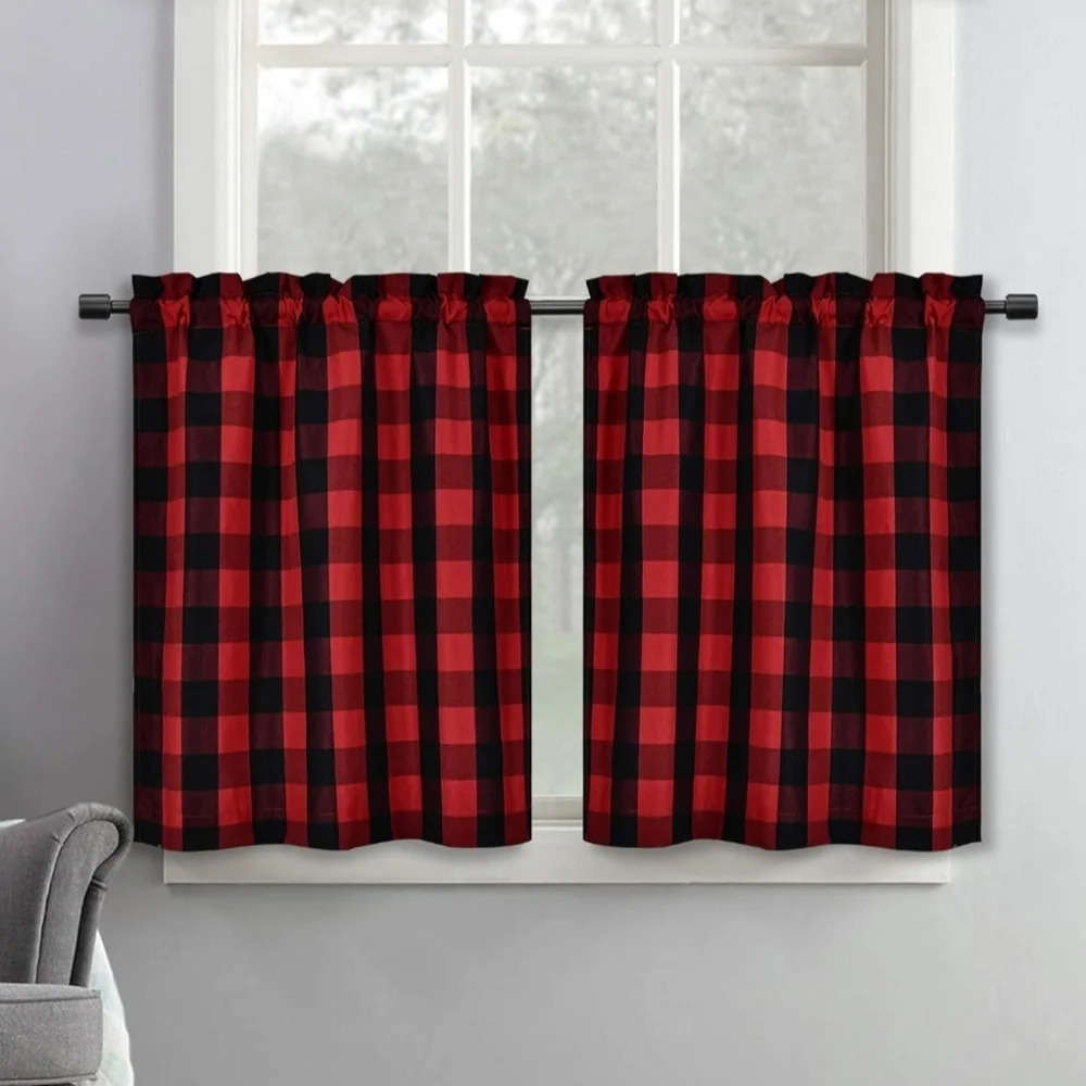 Red and Black Plaid Kitchen Curtains for Cabin or Lodge 29